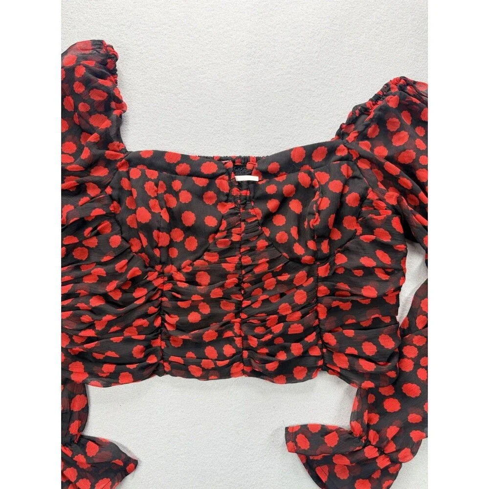 Free People Blouse Womens M Black Red Polka Dot Cropped Balloon Sleeve Top